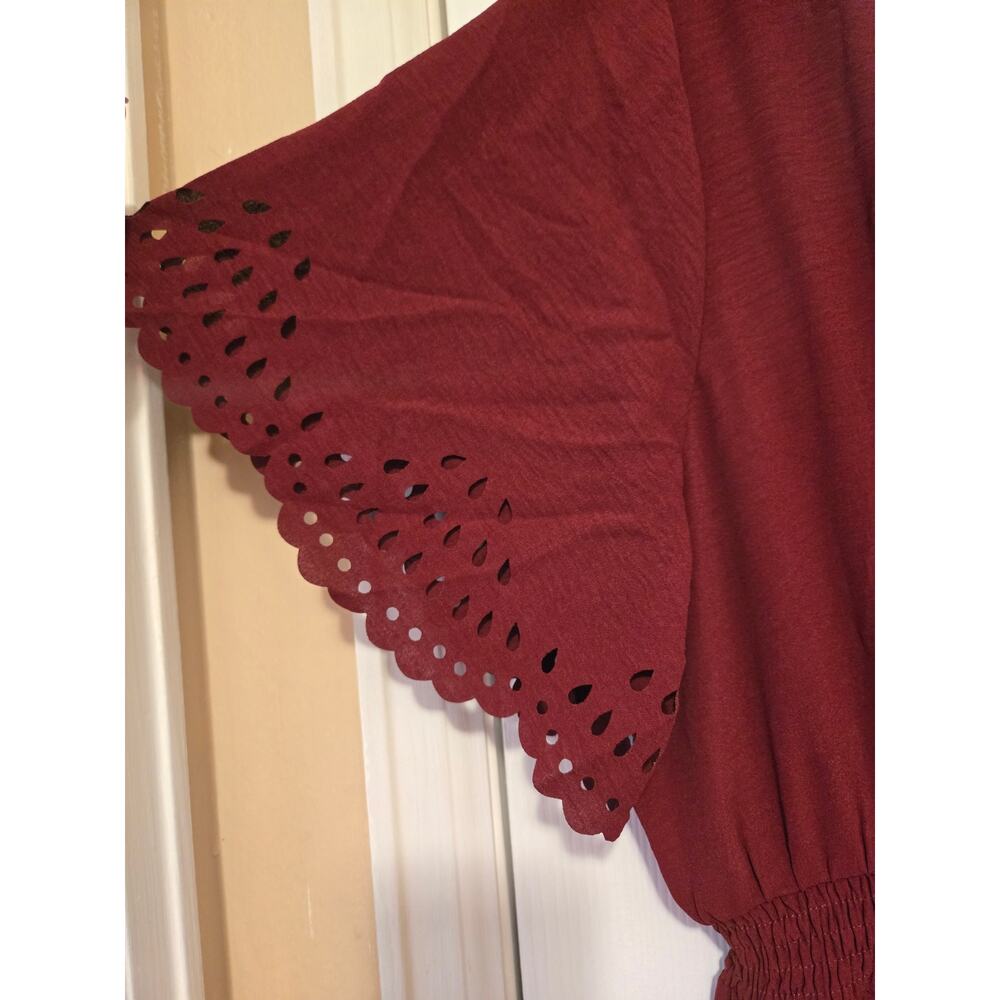 Sz 22/24 BLOOMCHIC Maroon Laser-Cut Eyelet Surplice Ruffle Hem Short-Slv Dress - Picture 3 of 8